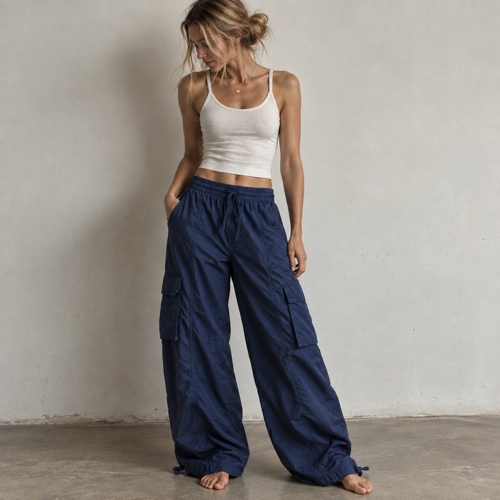 Aerie Baggy Cargo Go For It Pants High Rise Wide Leg Blue Sz M NWT
